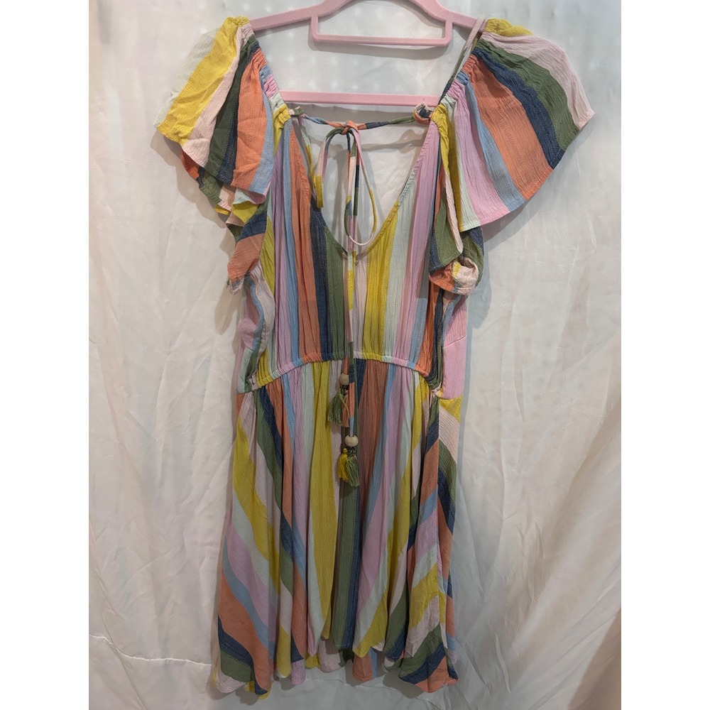 ANGIE Striped Dress Women M Multicolor Good Boho Flutter Sleeve Keyhole Cutout